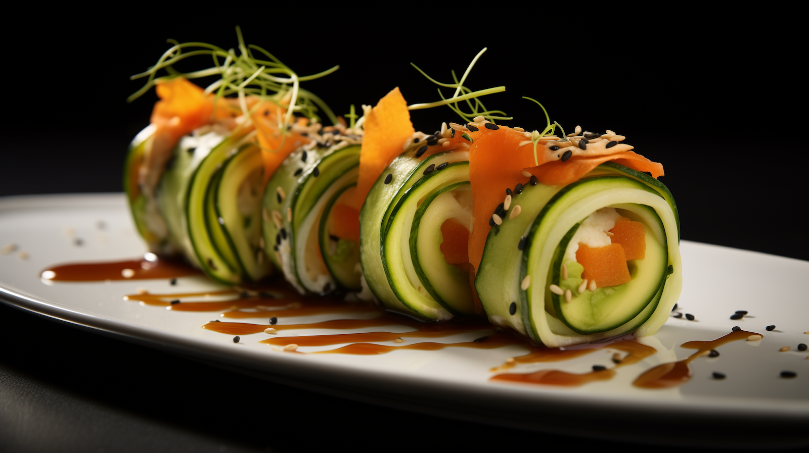 Image of avocado cucumber rolls with honey sriracha and lime tahini sauce.