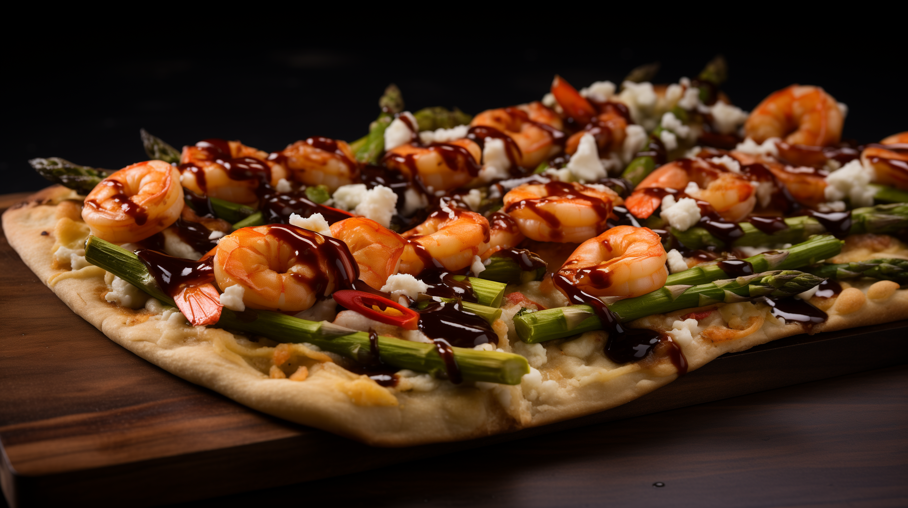 Image of a BBQ shrimp and asparagus flatbread.