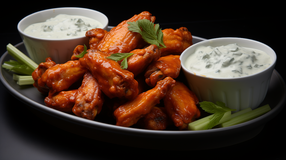 Buffalo Blue Cheese Chicken Wings with Healthy Greek Yogurt Herb Dipping Sauce