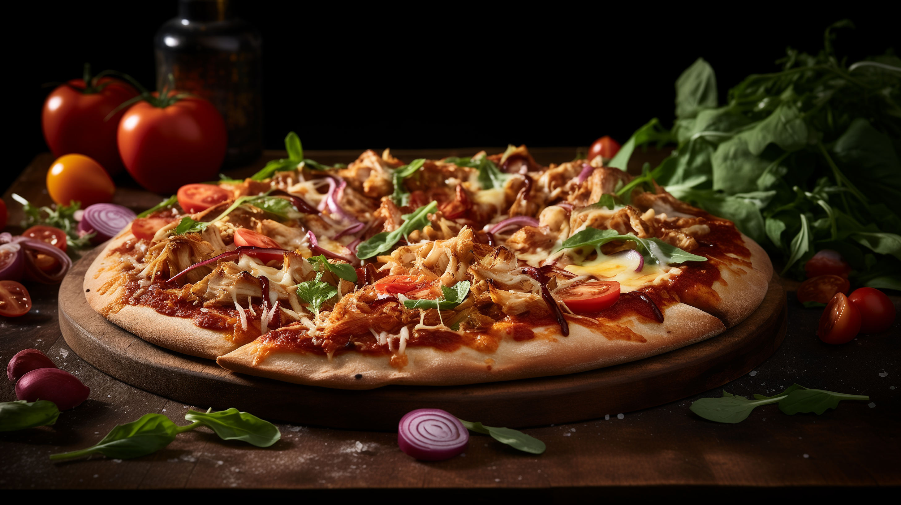 Image of a cherry-smoked BBQ chicken delight pizza.