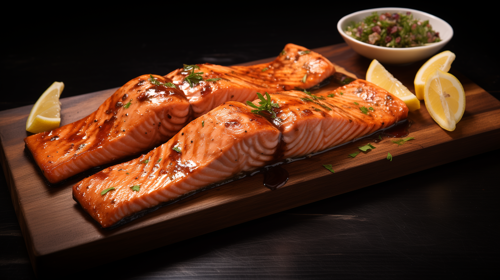 Image of cherry smoked BBQ-lemon glazed salmon.
