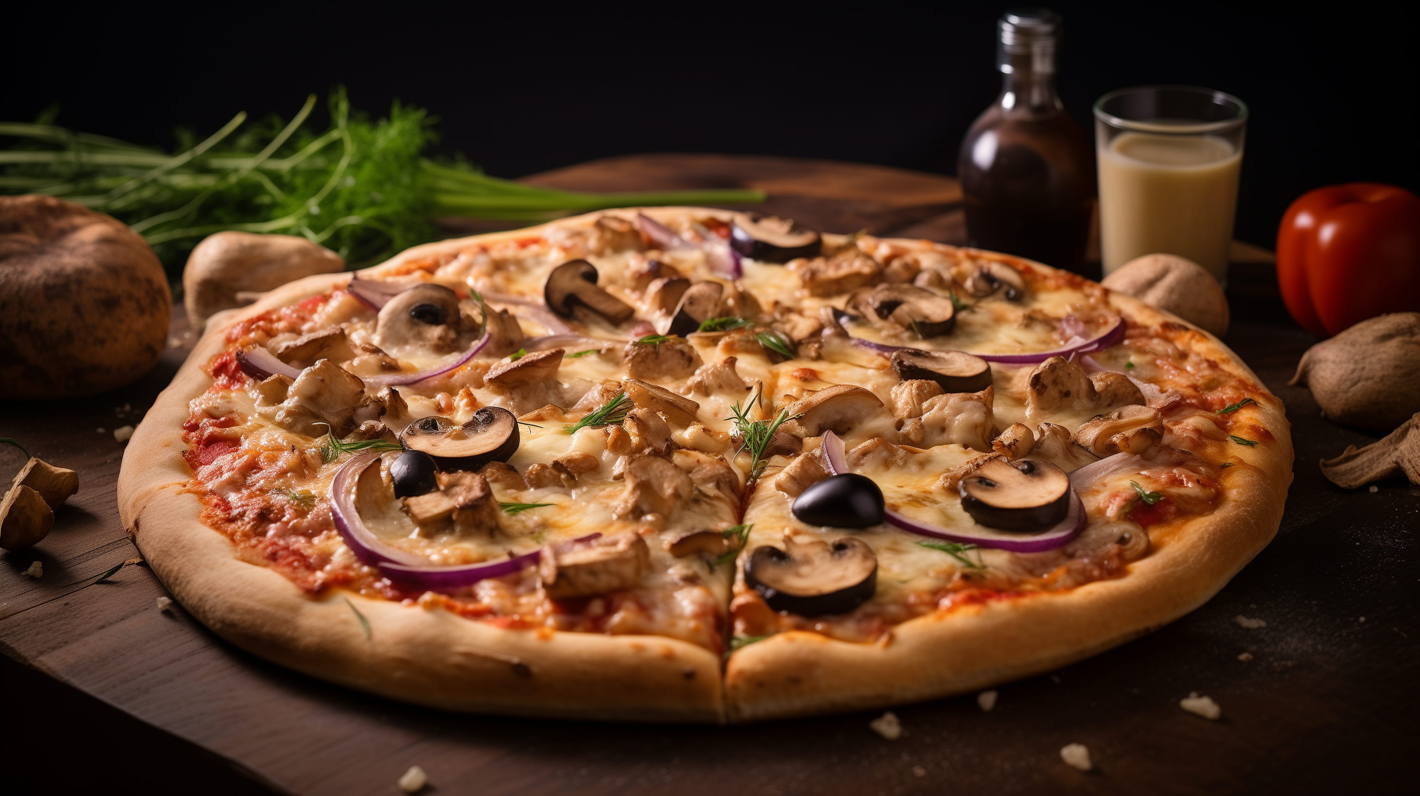 Image of a garlic-parm chicken and mushroom pizza.