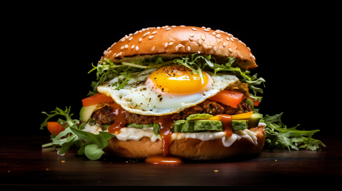 Image of a homemade healthier beef burger with avocado-sriracha sauce.