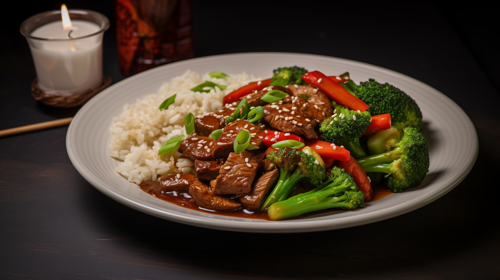 Image of honey sriracha beef stir-fry with brown rice.