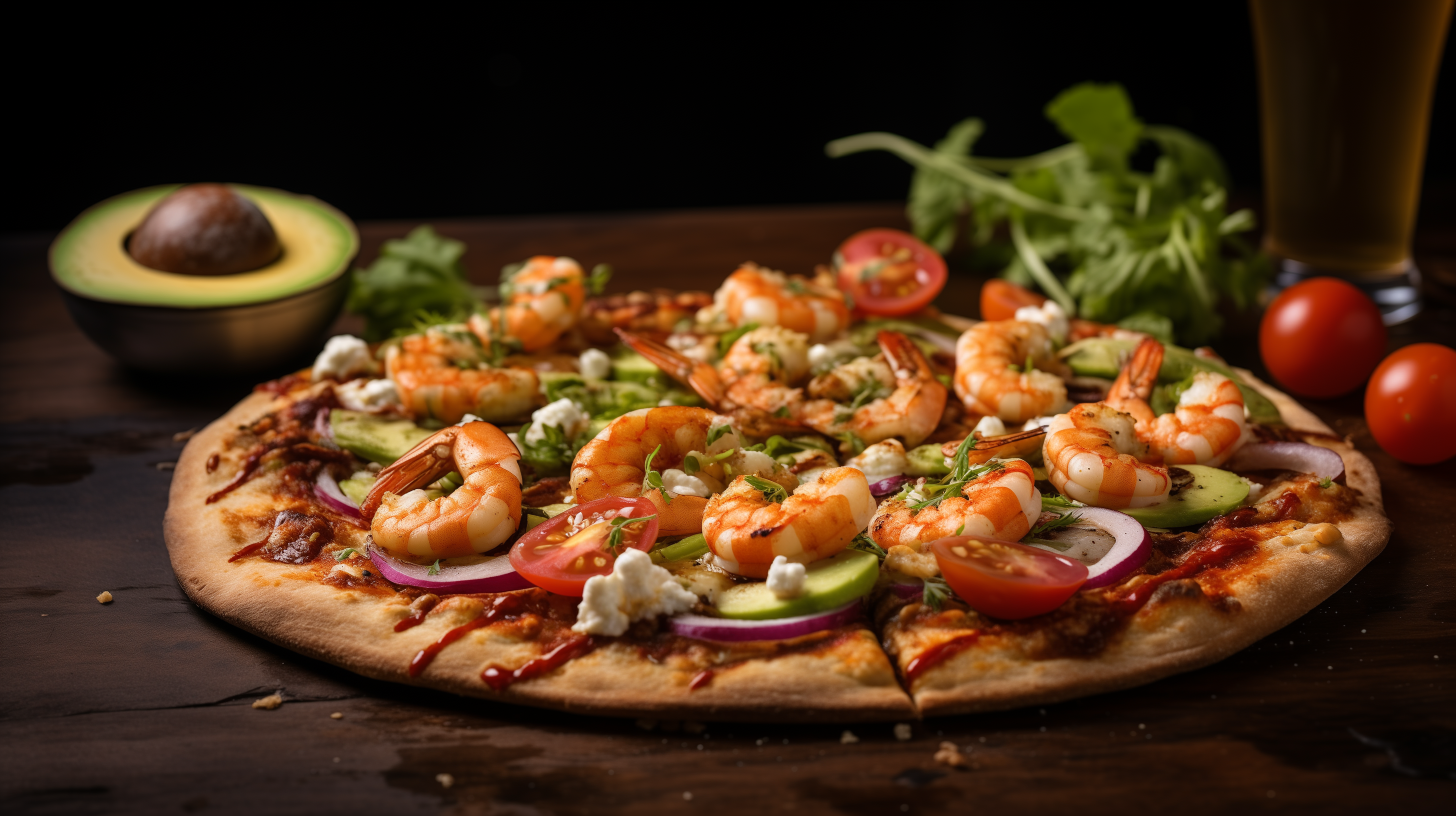 Image of a shrimp and avocado pizza.