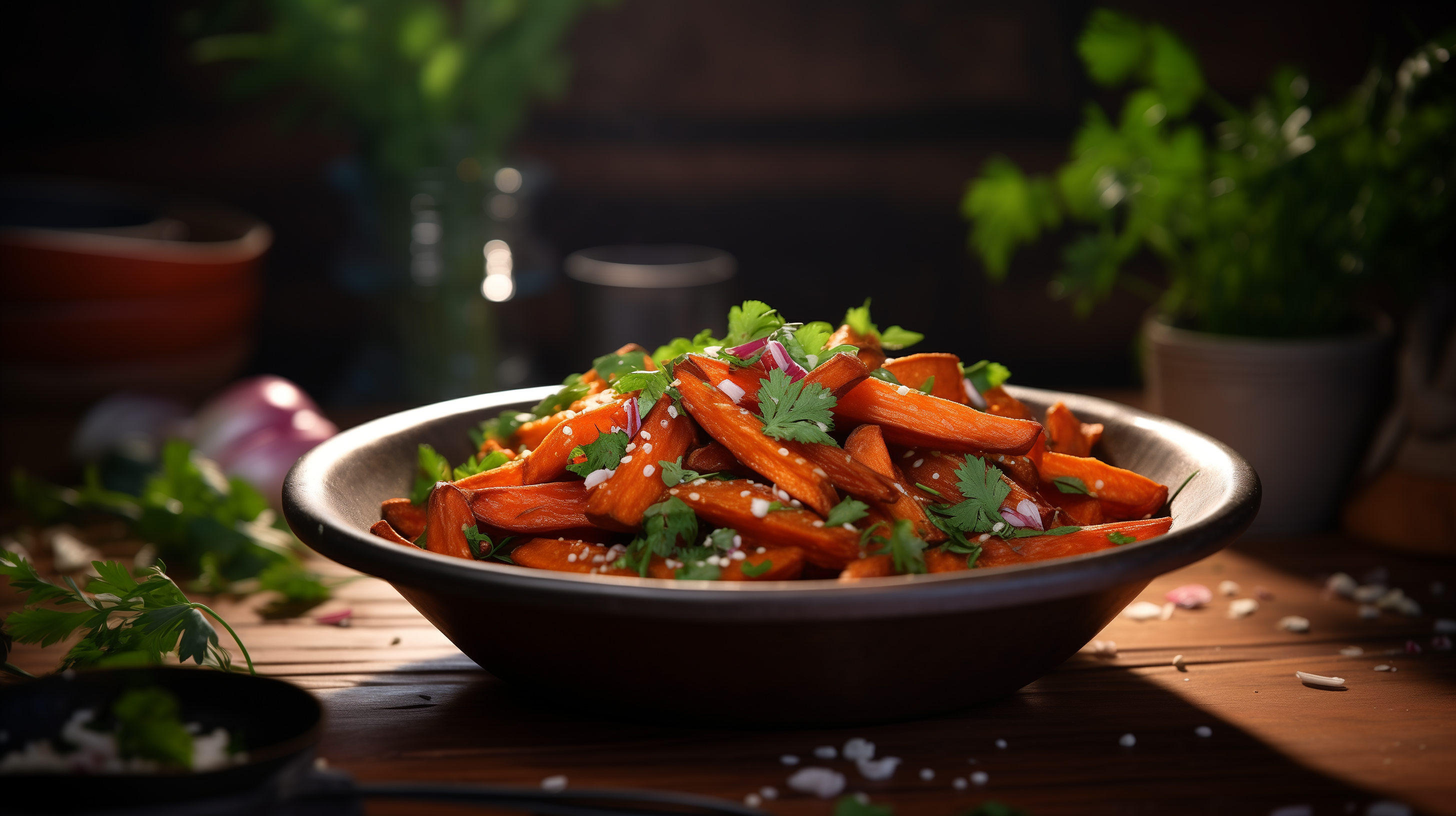 Image of sizzling sweet potato fries.