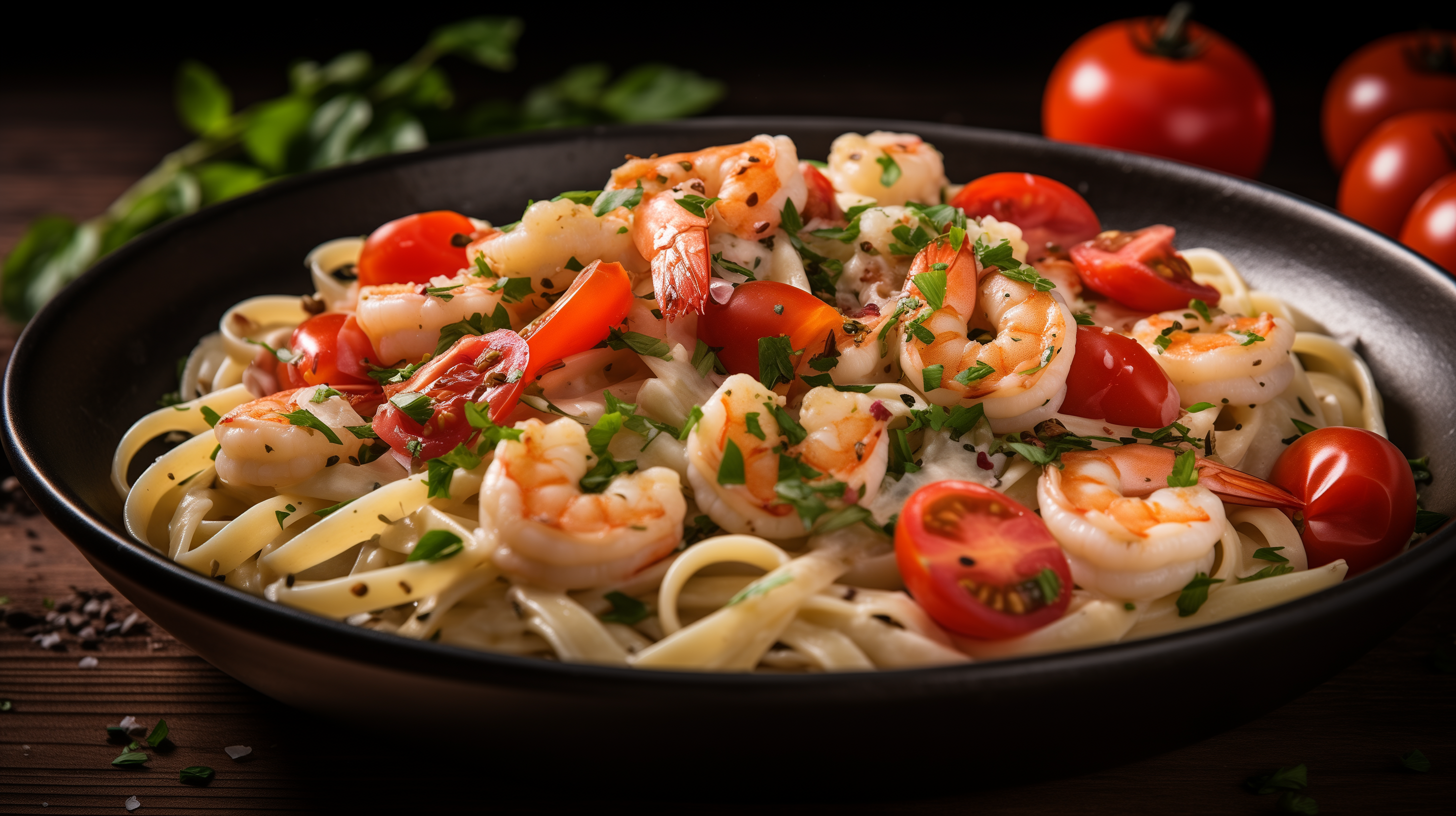 Image of spicy garlic-parm shrimp pasta.