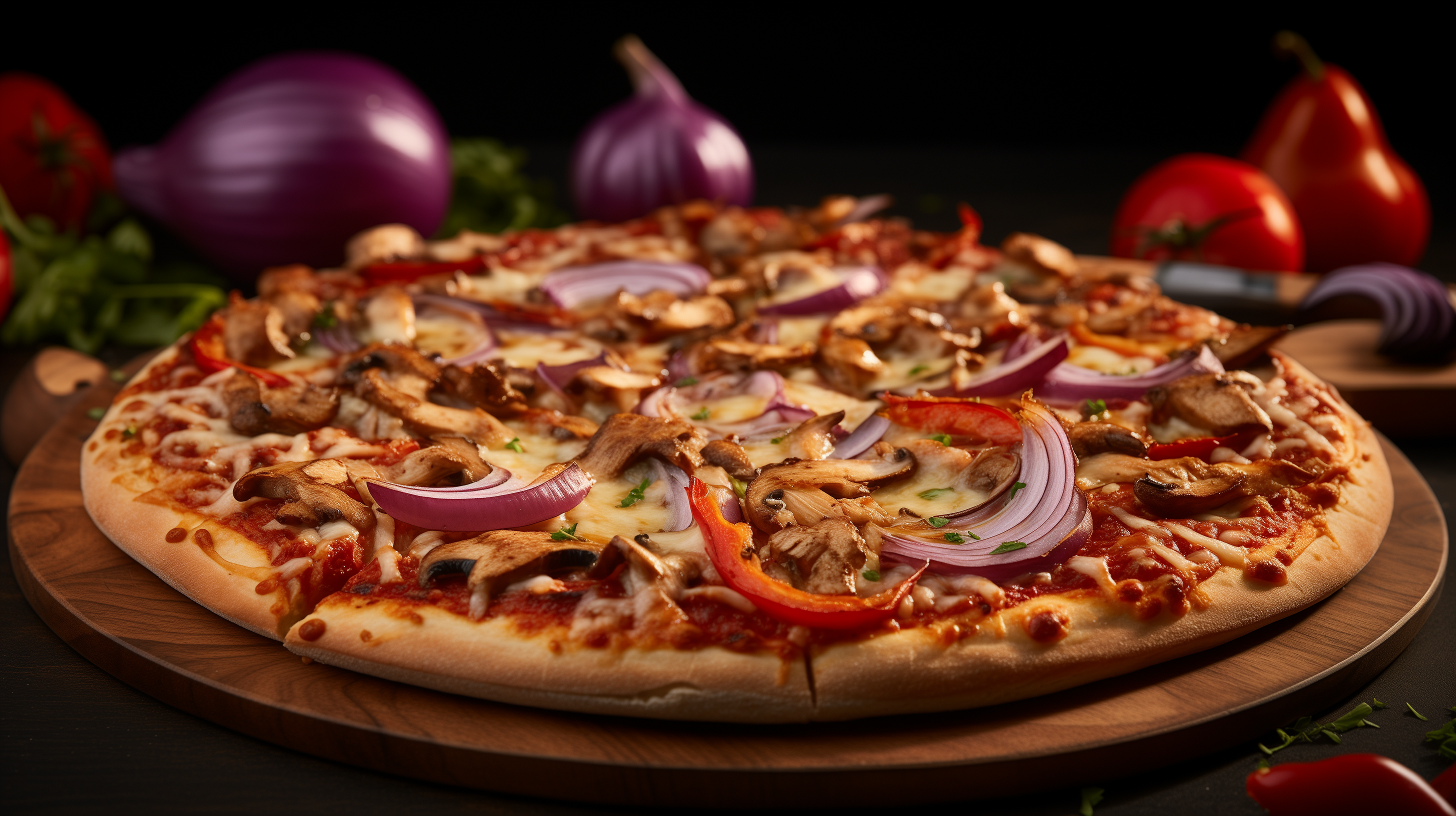 Image of a chicken and mushroom pizza.