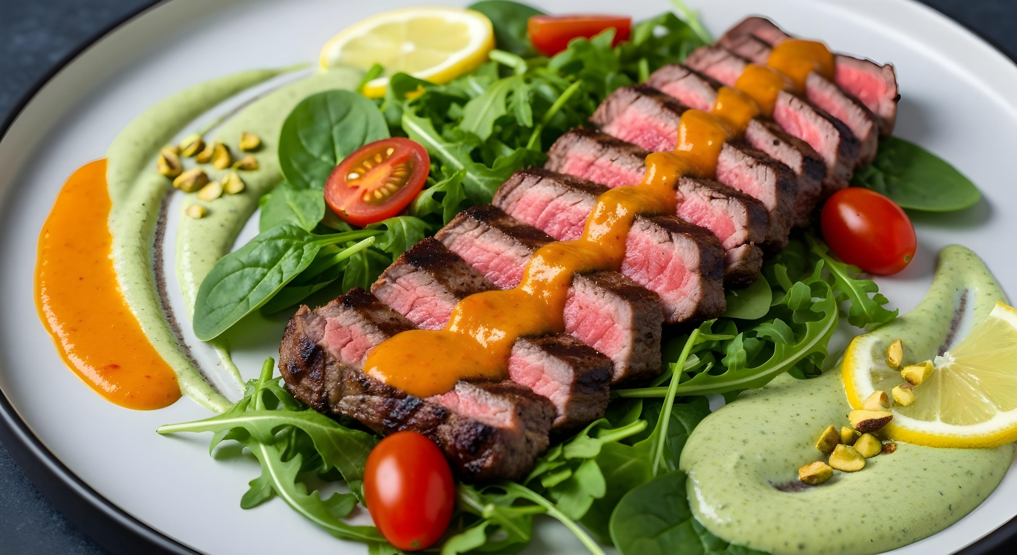 Grilled Mango Habanero Steak with Rocket & Pistachio Herb Sauce