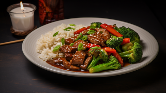 Image of honey sriracha beef stir-fry with brown rice.