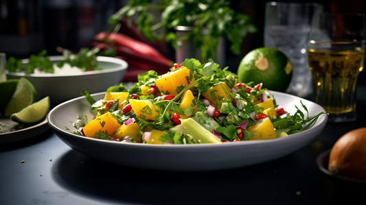Image of mango and avocado salad with citrus- honey sriracha dressing.