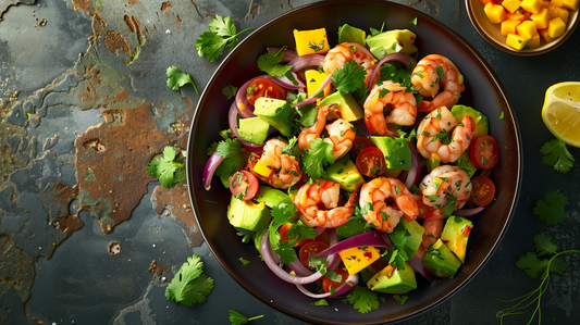 Shrimp, Red Onion & Avocado Salad with Mango Habanero-Lemon Dressing