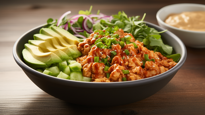 Spiced Buffalo Blue Chicken Burger Bowl (Bun-Free)