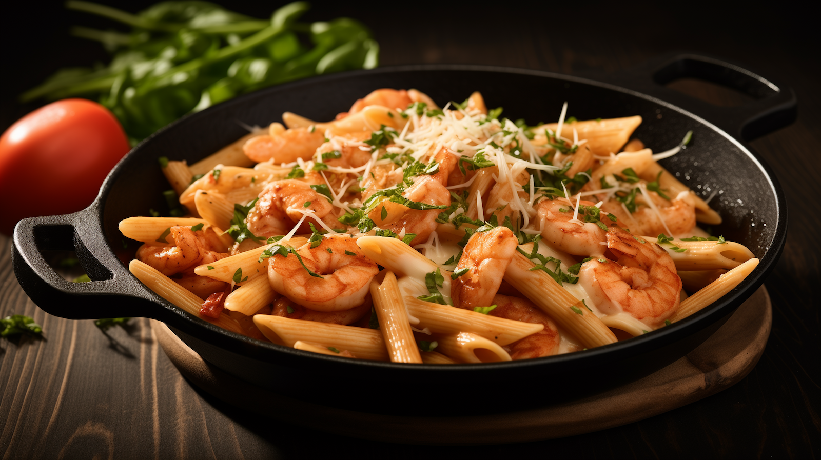 Image of spicy garlic parmesan shrimp pasta.