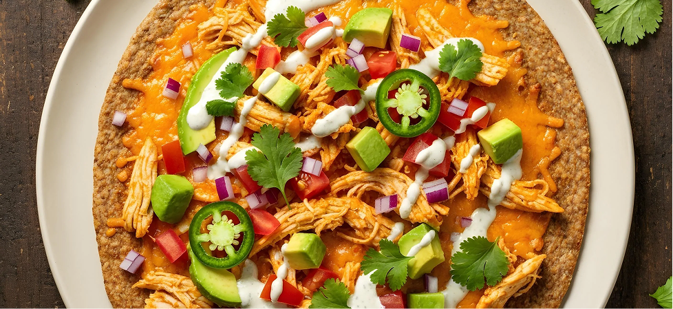 Pan plano integral de pollo picante y aguacate